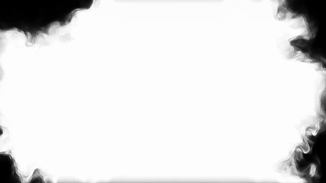 A black and white visual effect showing a large, central, blob of black ink rapidly blooming and expanding outwards onto a white background, suggesting an organic, watercolor, or artistic reveal/trans