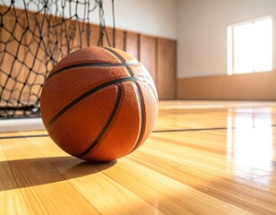 Close-up of an orange and black basketball positioned on a polished wooden court near a net and a window. Sunlight streams through