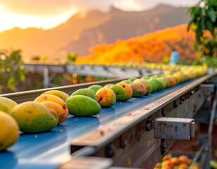 Close-up of ripe mangos on a blue conveyor belt, leading towards a mountain backdrop illuminated by the warm, golden light of the setting sun