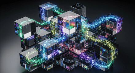 Futuristic visualization of a complex network system showing interconnected glowing cubes and data streams