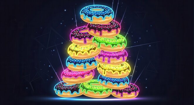Tower of brightly illuminated confectioneries with colorful glaze stacked against a dark background