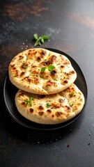 Close-up of two warm, golden-brown flatbreads, lightly dotted with herbs, stacked on a black plate against a textured, dark background