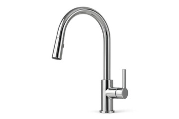 Modern chrome kitchen faucet with pull-out spray on transparent background for plumbing and home improvement