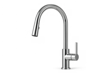 Modern chrome kitchen faucet with pull-out spray on transparent background for plumbing and home improvement