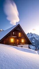 Cozy wooden cabin nestled in a snow-covered mountain landscape at dusk