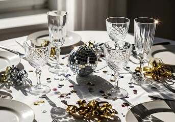 Elegant Party Table Setting with Disco Ball and Champagne Glasses