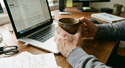 Focused Remote Work Session with Coffee at a Home Office Desk
