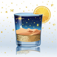 Pixel Art Cocktail Glass With Desert Landscape And Starry Night Sky Inside Garnished With Lemon Slice And Gold Stars Background