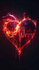Digital art featuring a stylized human heart, outlined and illuminated in a fiery red and orange glow against a dark backdrop
