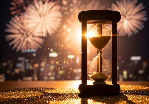 Hourglass against cityscape fireworks, symbolizing time passing during celebrations - Powered by Adobe