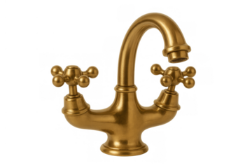 Golden brass vintage faucet. Antique style water tap with cross handles, isolated on a transparent background, plumbing fixture