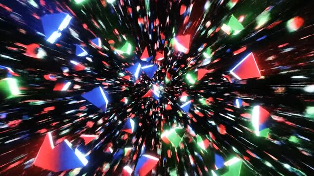 Colorful geometric shapes swirling in a dynamic pattern