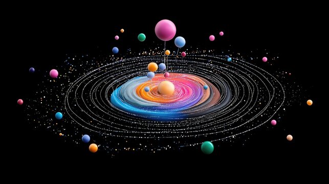 A colorful, swirling cosmic formation with orbiting spheres and sparkling particles against a dark background. - Powered by Adobe