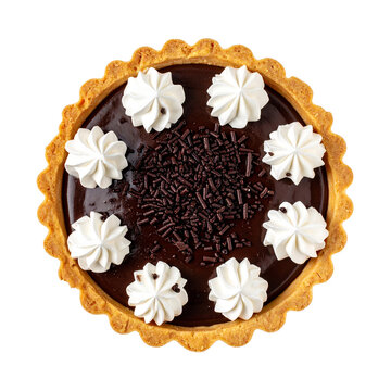 Chocolate Tart Delight: An exquisite top-down perspective captures a decadent chocolate tart, adorned with delicate swirls of cream and chocolate shavings.