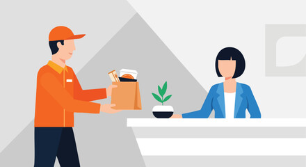 A Delivery Courier Handing a Takeout Food Order to a Female Customer at an Office Reception Desk