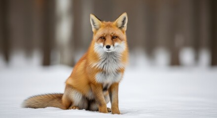 Obraz premium Captivating portrait of a red fox amid a tranquil winter backdrop in a snowy forest