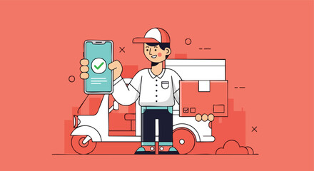 A Happy Delivery Courier Showing an Order Confirmation on a Smartphone After a Successful Delivery