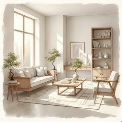 Fototapeta premium Modern living room with wooden furniture and greenery in sunlight 