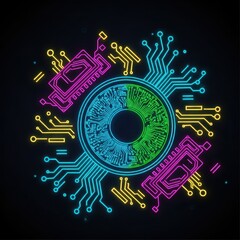 Fototapeta premium Illuminated abstract representation of digital iris recognition technology featuring neon circuit patterns