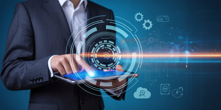 Businessman using a digital tablet with futuristic interface connecting to cloud services for business technology and innovation concepts