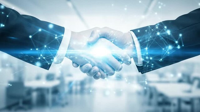 Symbolic handshake animation with digital network, creating connections with trust
