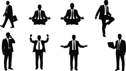 Collection of businessman silhouettes, corporate male figures, success poses, meditation in suit, walking with briefcase, talking on phone, vector illustration isolated on white background