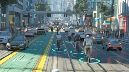 Futuristic Cityscape - Cyclists Navigate Augmented Reality Bike Lanes in Urban Traffic. - Powered by Adobe