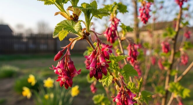 Cascading magenta flowers of Ribes sanguineum in a serene garden backdrop blossoms