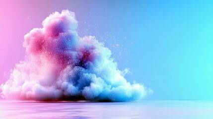 A vibrant, multi-colored cloud formation with shimmering particles floats above a reflective surface, set against a soft gradient sky.