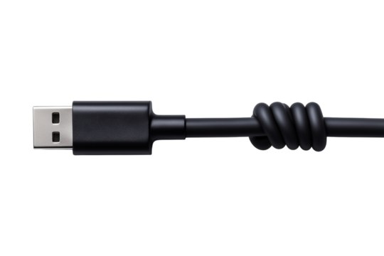 Black USB-A data and charging cable end with knot isolated on transparent background, png - Powered by Adobe