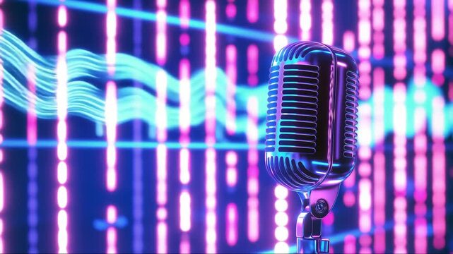 Vintage microphone stands in front of colorful sound waves in a modern music studio at night