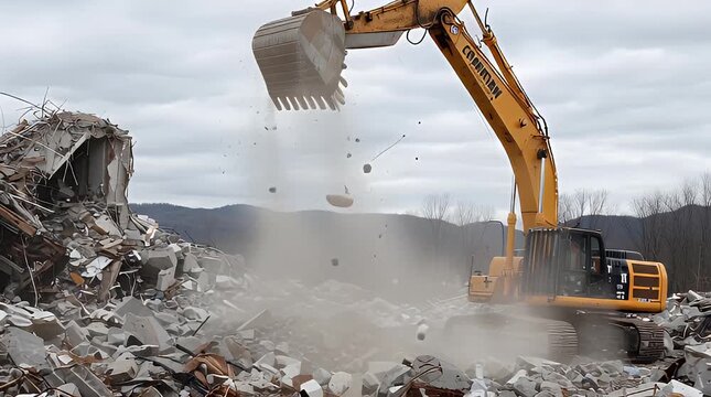 Demolishing Building with Excavator Heavy Machinery Dust Rising