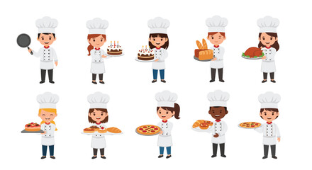 A collection of diverse cartoon chefs and bakers holding various delicious culinary creations, from cakes to pizzas and bread.