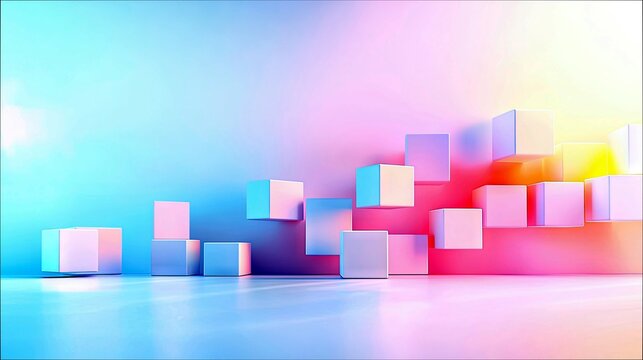 A collection of pastel-colored cubes are arranged in an ascending pattern against a gradient background, creating a sense of depth and movement. - Powered by Adobe