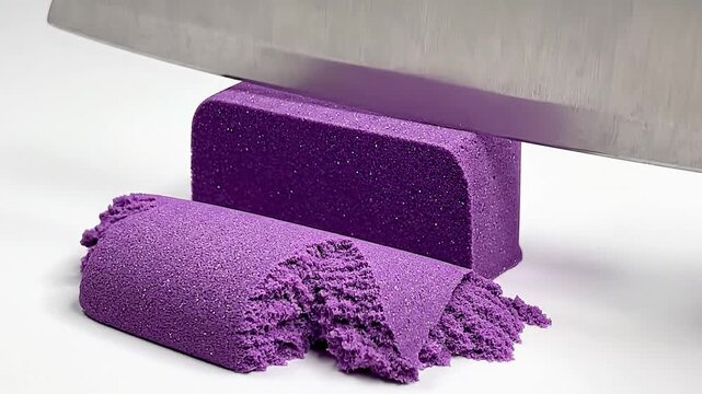 Kinetic sand purple block cut by sharp knife creating satisfying texture and A S M R sound for