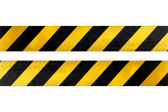 Black and yellow striped warning tape banner isolated on transparent background, png