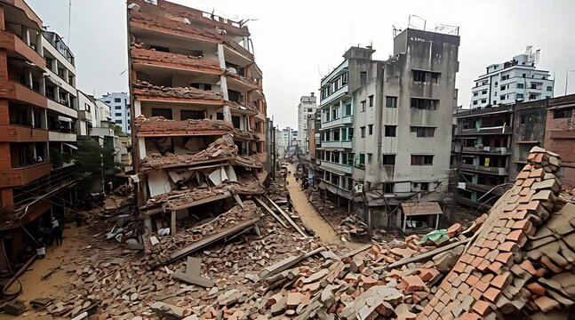 Devastating aftermath of a massive building collapse or earthquake showing piles of red brick rubble and ruined concrete structures in a dense urban city center