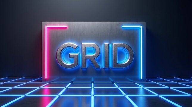 Metallic grid word with neon lighting text