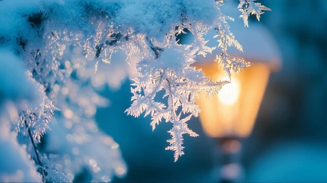Snowy branches sparkle near a glowing street lamp during a chilly winter evening