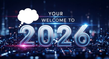Welcome to 2026! Futuristic cityscape background with glowing numbers and a thought bubble for your message - a bright and hopeful vision of the future