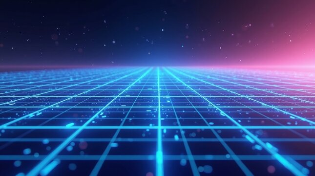 Neon grid perspective with glowing particles digital landscape