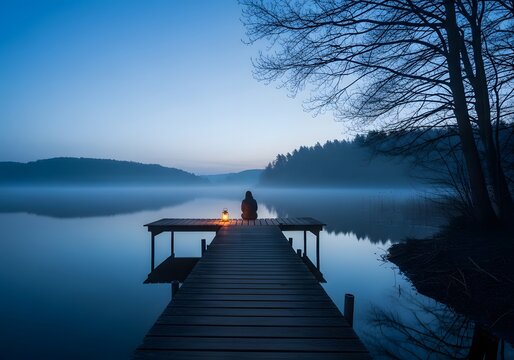 Solitary person sitting on a wooden pier with a glowing lantern, gazing at a tranquil, misty lake at dawn.