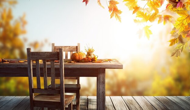Wide-angle rustic wooden table set in front of vibrant autumn leaves with sunlight streaming through forest trees, empty surface ideal for showcasing merchandise or seasonal product arrangements.
