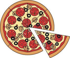 Delicious pepperoni mushroom olive pizza slice cut isolated food appetizing italian cuisine vector