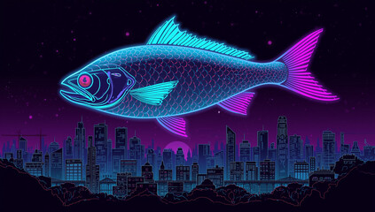 Neon Fish Over Cityscape