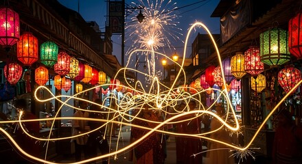 Nighttime scene with lanterns and fireworks display