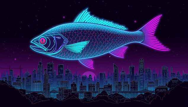 Neon Fish Over Cityscape