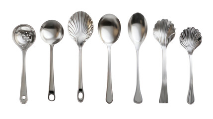Collection of ornate antique silver serving spoons isolated on transparent background