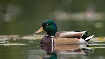 Fototapeta premium A charming duck leisurely paddling beside the lake’s edge, enhancing the peaceful atmosphere of the natural setting. Generative AI Illustration