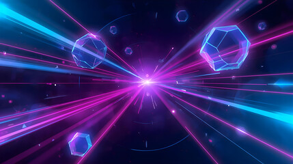 Naklejka premium Abstract futuristic scene featuring geometric shapes and vibrant, energetic light trails emanating from a central point.